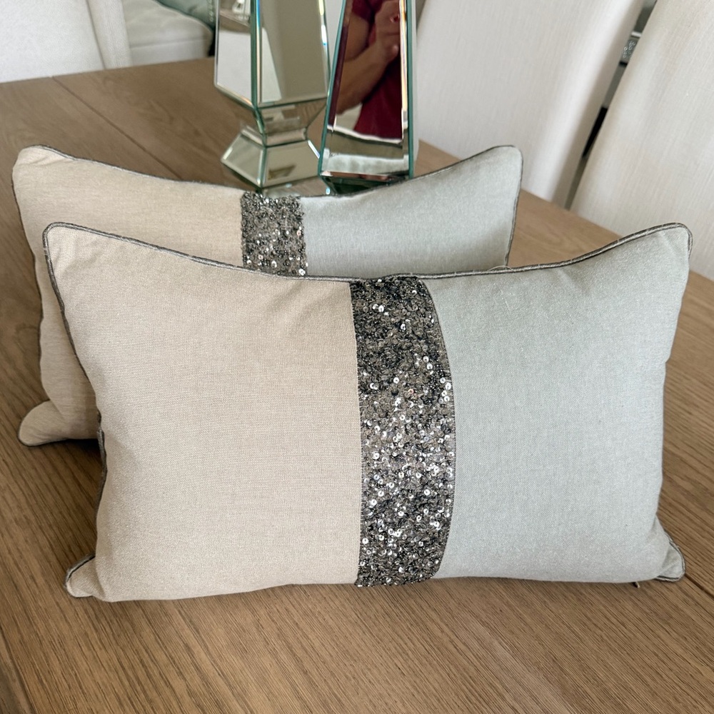 Two Saro Lifestyle Gray & Beige Beaded Sequined Throw Pillows, 12" x 20" Covers